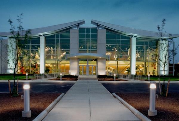 Exterior of GE Aviation Learning Center in the evening.