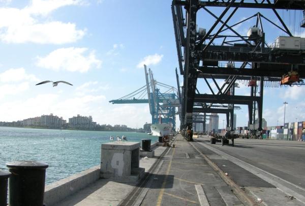 迈阿密港的照片. 港口货舱一侧. 容器加载器.