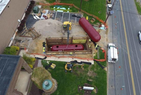 Aerial view of underground tank installation